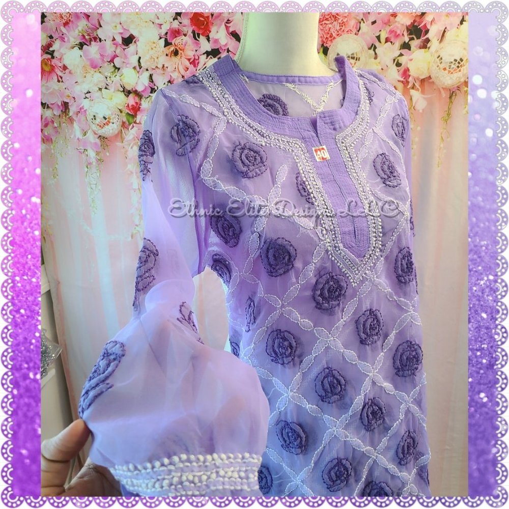 New boutique Hand Embroidered Lucknowi Chikankari kurti With Inner - Picture 1 of 7
